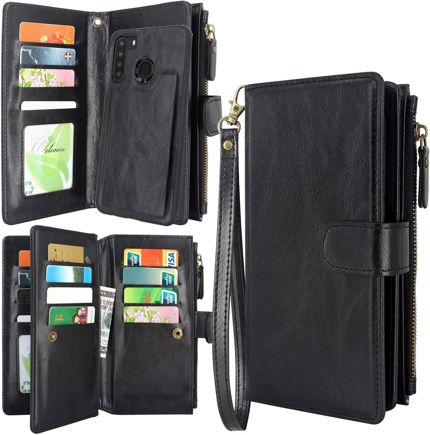 Galaxy A21 Case, Harryshell Detachable Magnetic Zipper Wallet Leather Case Cash Pocket with 12 Card Slots Holder Wrist Strap for Samsung Galaxy A21 (Black)