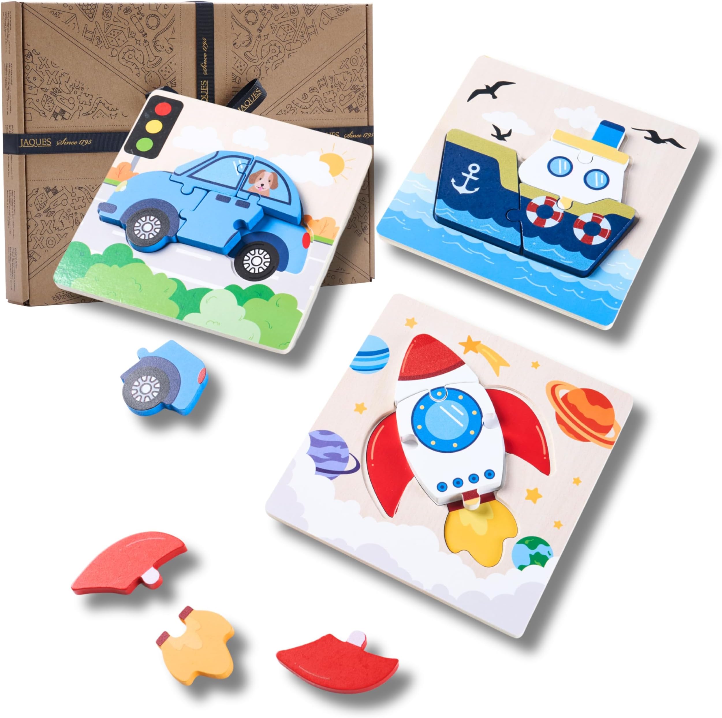 Jaques of London Vehicle Wooden Puzzles | Set of 3 Baby Jigsaws for 1 Year Olds + | Hand Finished Wooden Montessori Toys | Since 1795