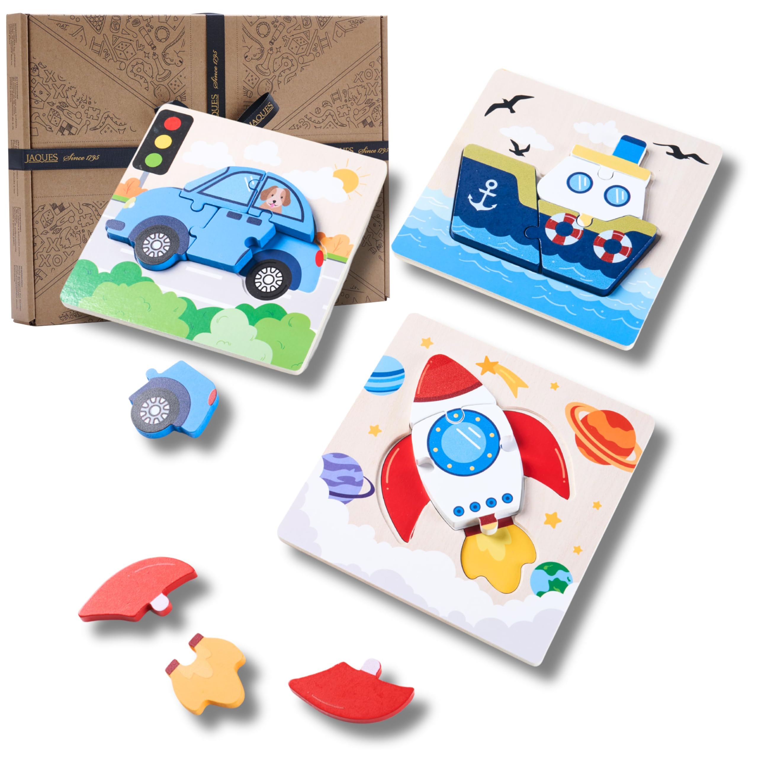 Jaques of London Vehicle Wooden Puzzles | Set of 3 Baby Jigsaws for 1 Year Olds + | Hand Finished Wooden Montessori Toys | Since 1795