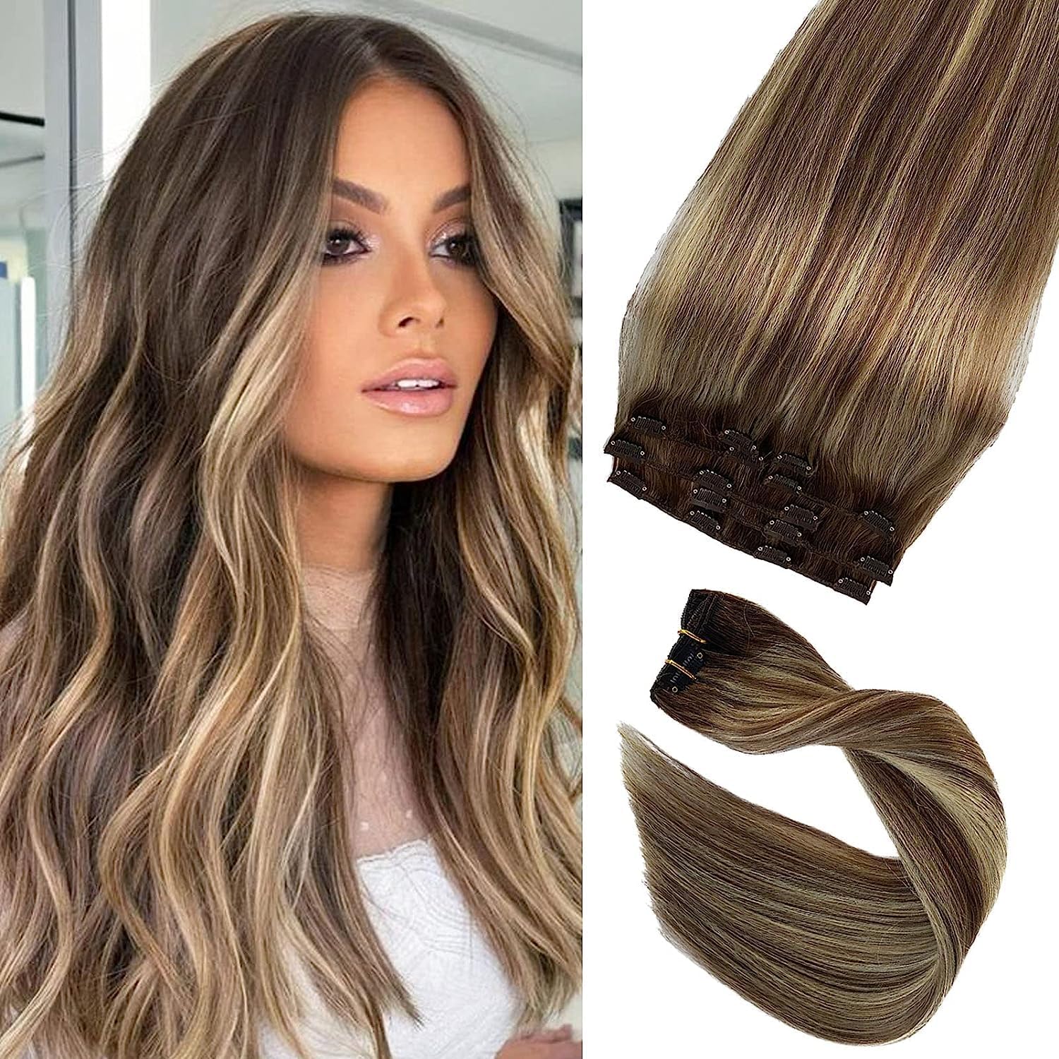 Hair Extensions 20 Inch Clip in Real Human Hair Ombre Brown to Bleach Brown With Bleach Blonde Highlighted Seamless 70g 70pcs