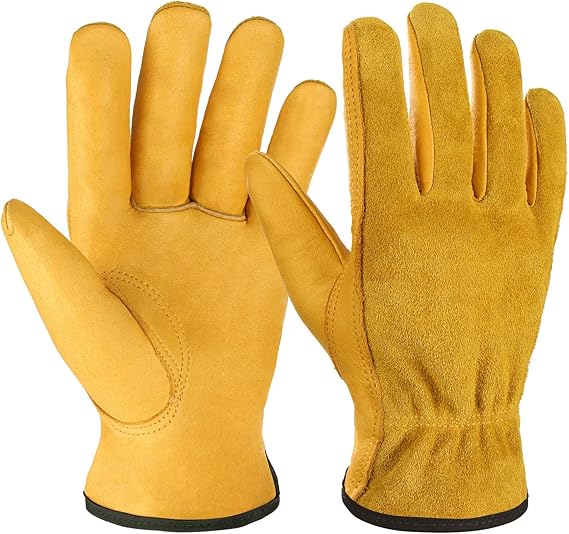 Leather Work Gloves Flex Grip Tough Cowhide Gardening Glove