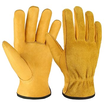 OZERO Leather Work Gloves Flex Grip Tough Cowhide Gardening Glove for Wood Cutting/Construction/Truck Driving/Garden/Yard Working for Men and Women 1 Pair (Gold,Medium)