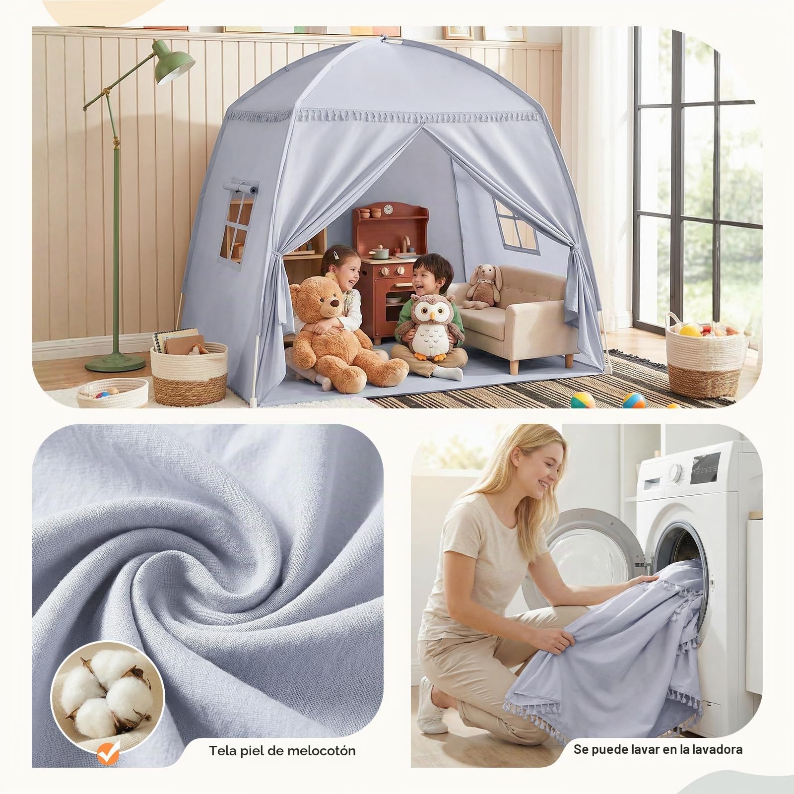 Tienda de Cama para Niños, Suelo Cama Niños Cueva, Interior Casa de Juegos, Portátil y Plegable, Cama Doble Litera, Cortinas, Tamaño Grande, Niñas y Niños