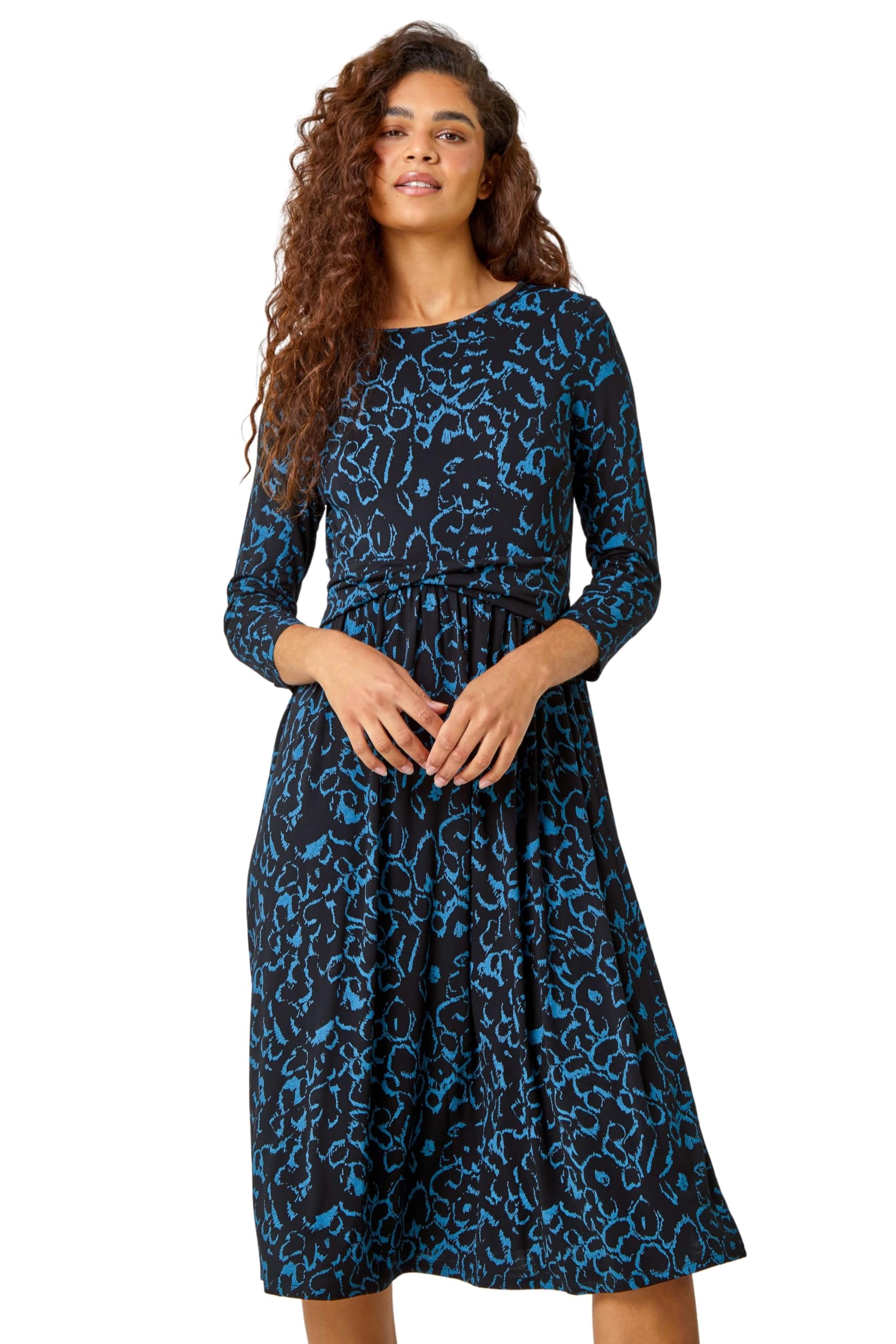 Roman Women's Blue Twist Waist Animal Print Stretch Dress In | Size: 18