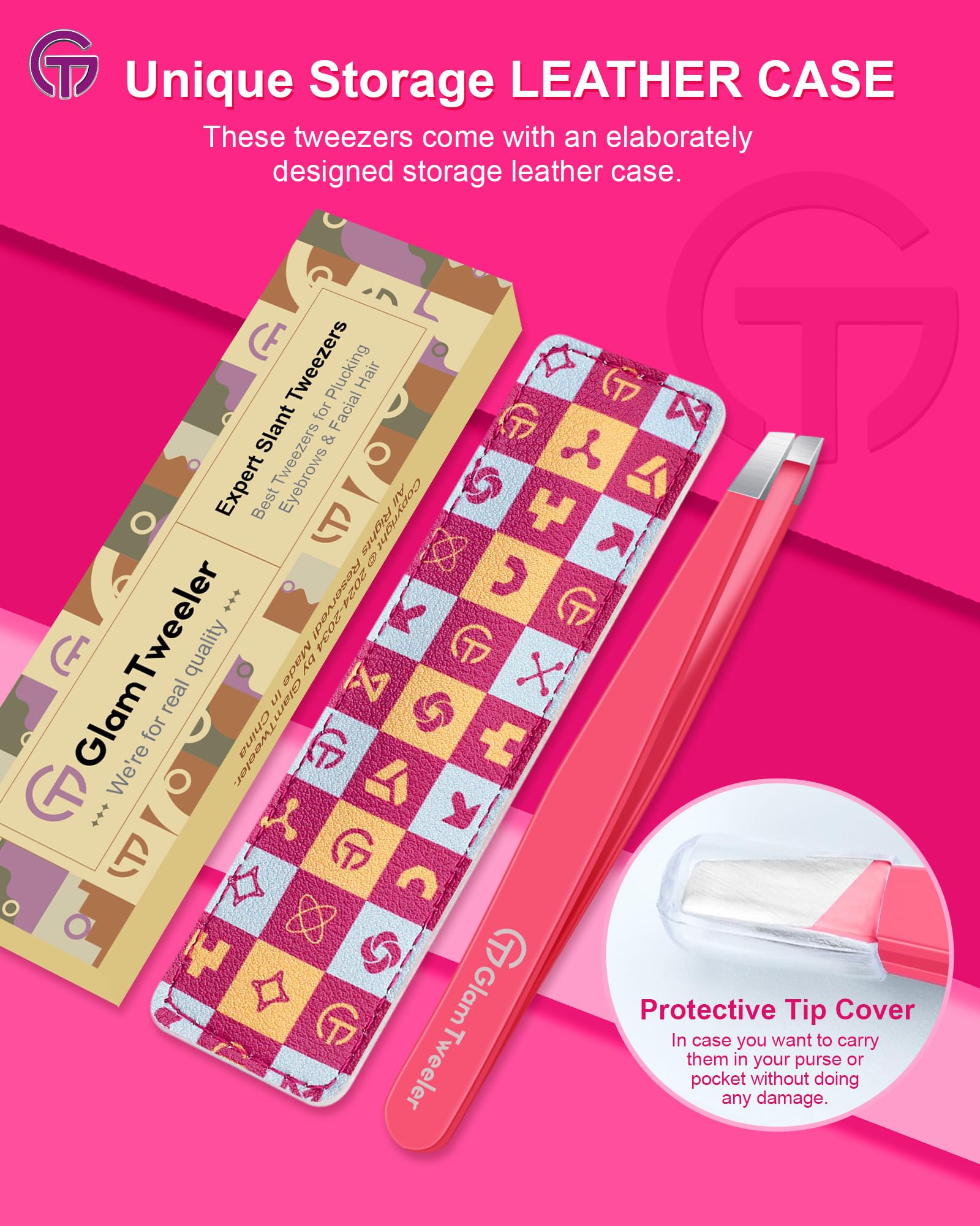 GlamTweeler Expert - Pinzas de depilación de cejas con funda de cuero, punta inclinada de alta precisión, pinzas de acero inoxidable para hombres y mujeres (rosa intenso)