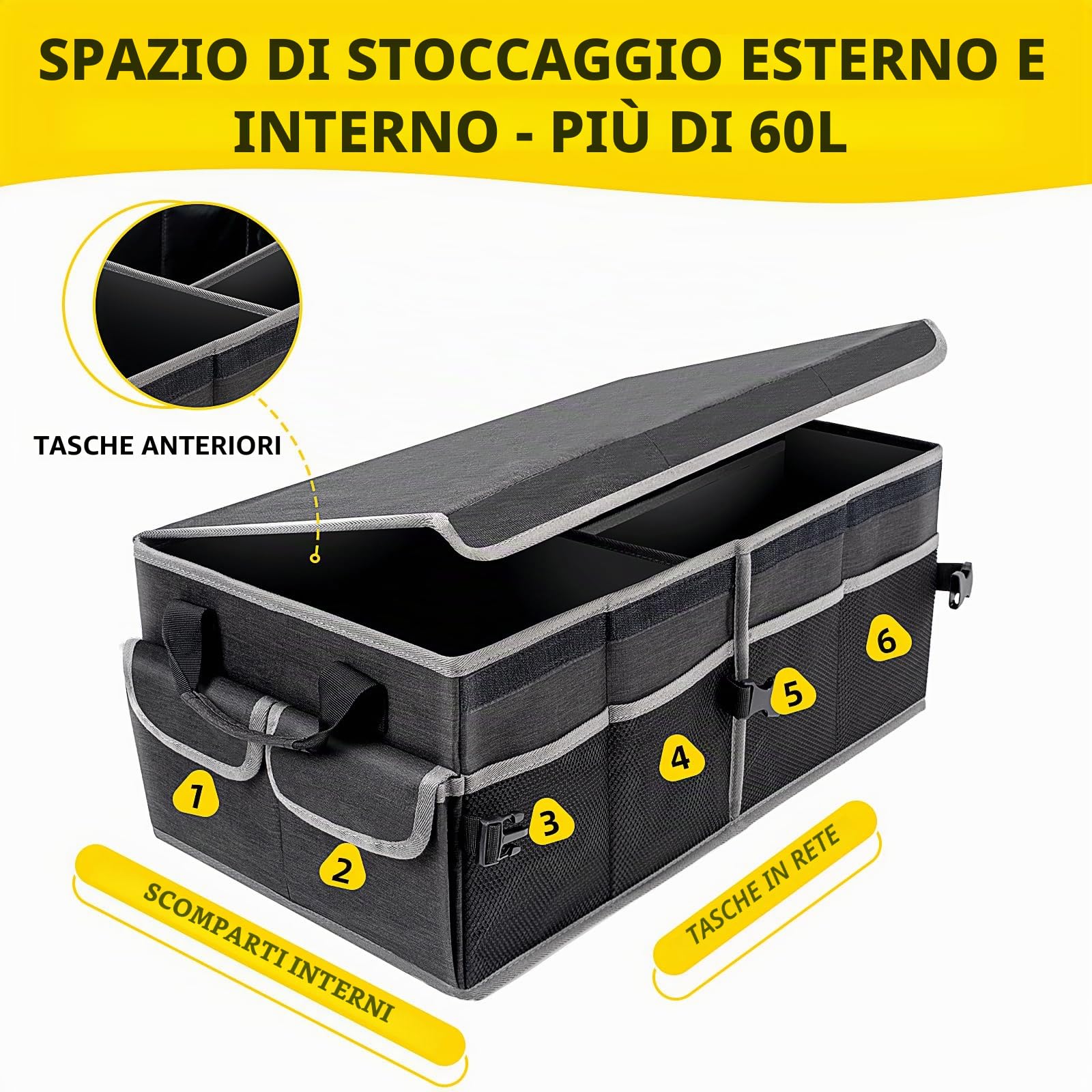 YBCPACK Organizer per bagagliaio dell'auto, 60 l, con coperchio, impermeabile e pieghevole, con velcro antiscivolo, 3 livelli e tasche laterali, organizer per auto in materiale Oxford, per campeggio,