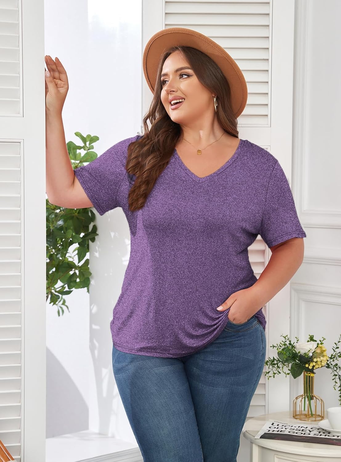 Plus Size Tops for Women Tunic Tops Plus Size Clothes Summer Short Sleeve V Neck T Shirts Purple 3X-Large - Image 6