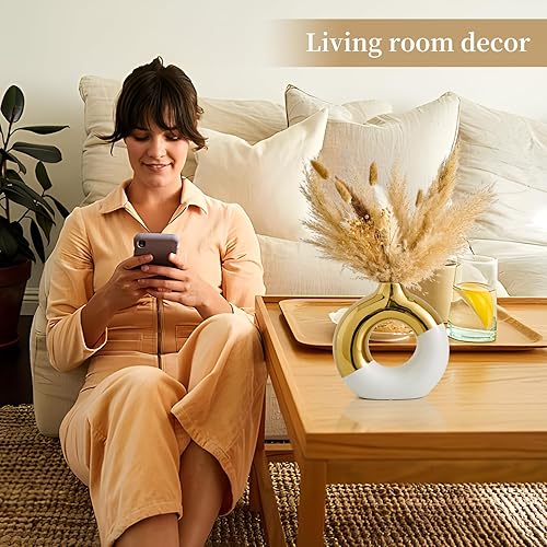 Miniatura 5 de FJS Jarrón redondo de cerámica de 8 pulgadas de largo x 8 pulgadas de alto, blanco y dorado para hierba de las pampas, jarrones modernos nórdicos