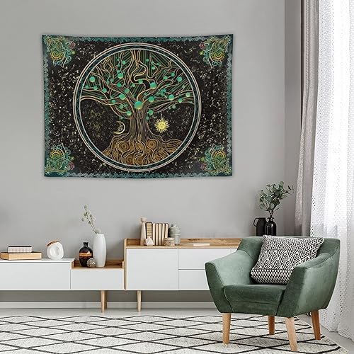 Miniatura 9 de Árbol de la vida, bohemio, sol, luna, naturaleza, lindo tapiz verde para pared, mandala espiritual, chakras, grunge, tapices para colgar en la pared