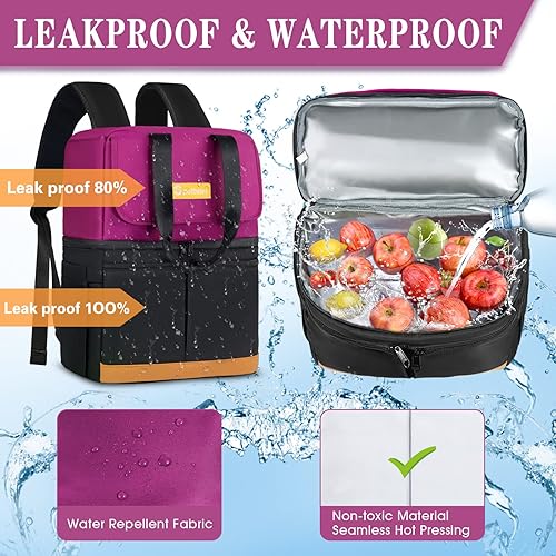 Miniatura 31 de Mochila enfriadora con doble piso y 12 paquetes de hielo, mantiene 36 latas frías hasta 24 horas, mochila térmica aislada impermeable y a prueba