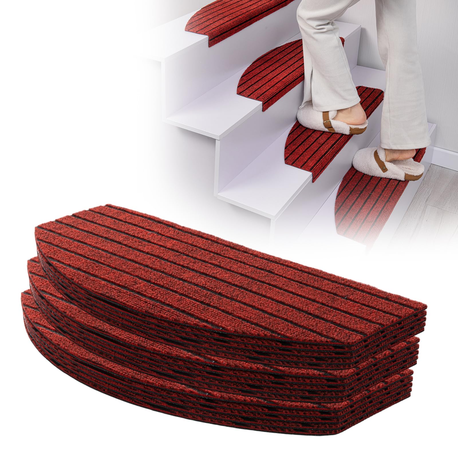 Tokenhigh 15Pcs Non-Slip Stair Treads, 60x24cm Half-Round Stair Mats, Polyester Step Protector Pads, Non-Skid Safety Carpet Stair Runner for Elders and Pets with Reusable Adhesive (Red)