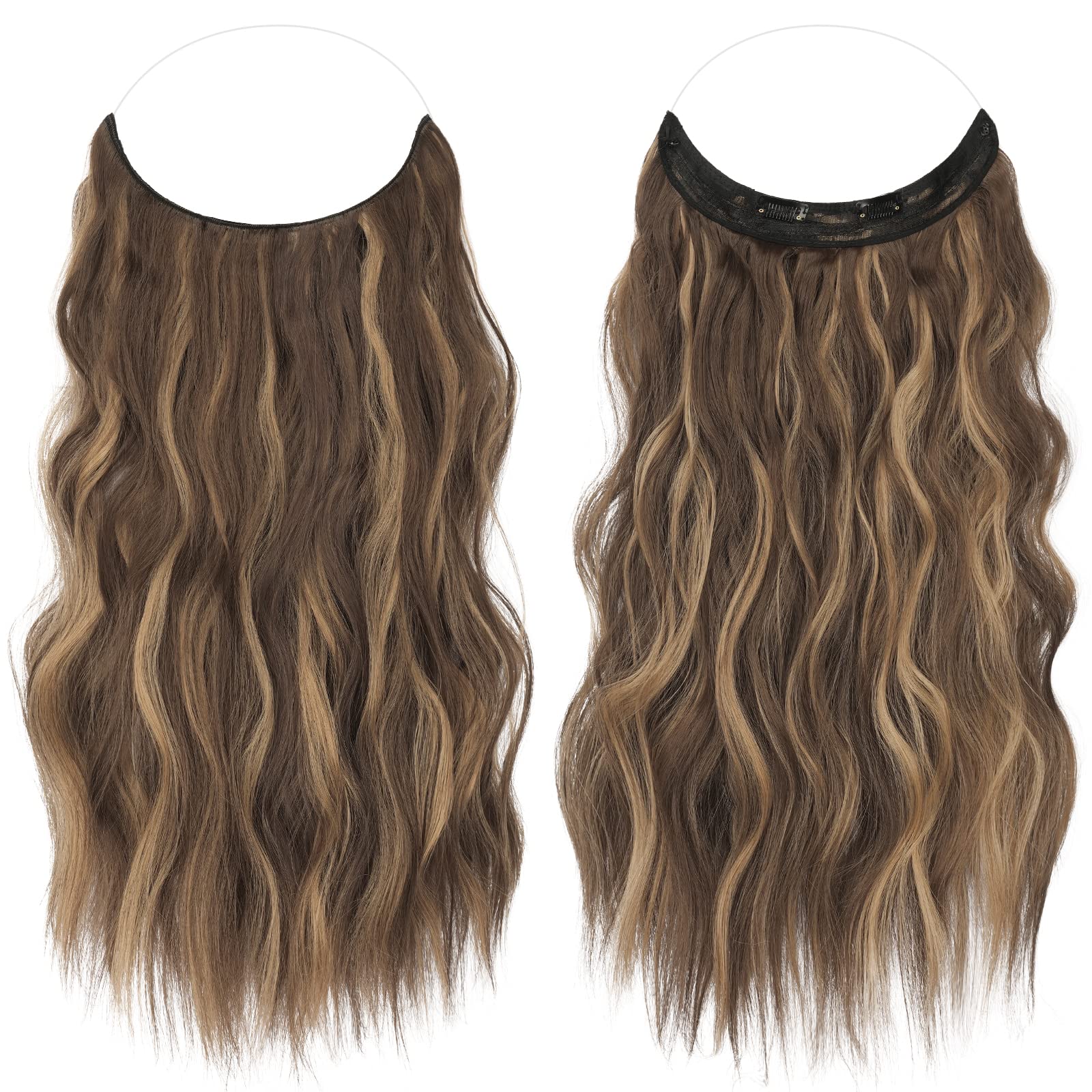 FESHFEN Extensiones Hilo Invisible Largo Ondulado Rizado Secret Extensión Invisible de Pelo sin Clips Sintética Postizos para Mujer, Rubio Miel Mixto Castaño Claro 50 cm