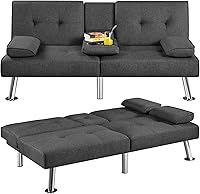 Yaheetech Convertible Sofa Bed, 3-Position Adjustable Futon with Cup Holders, 772lb Capacity, Dark Gray - Compact Sleeper for Small Spaces