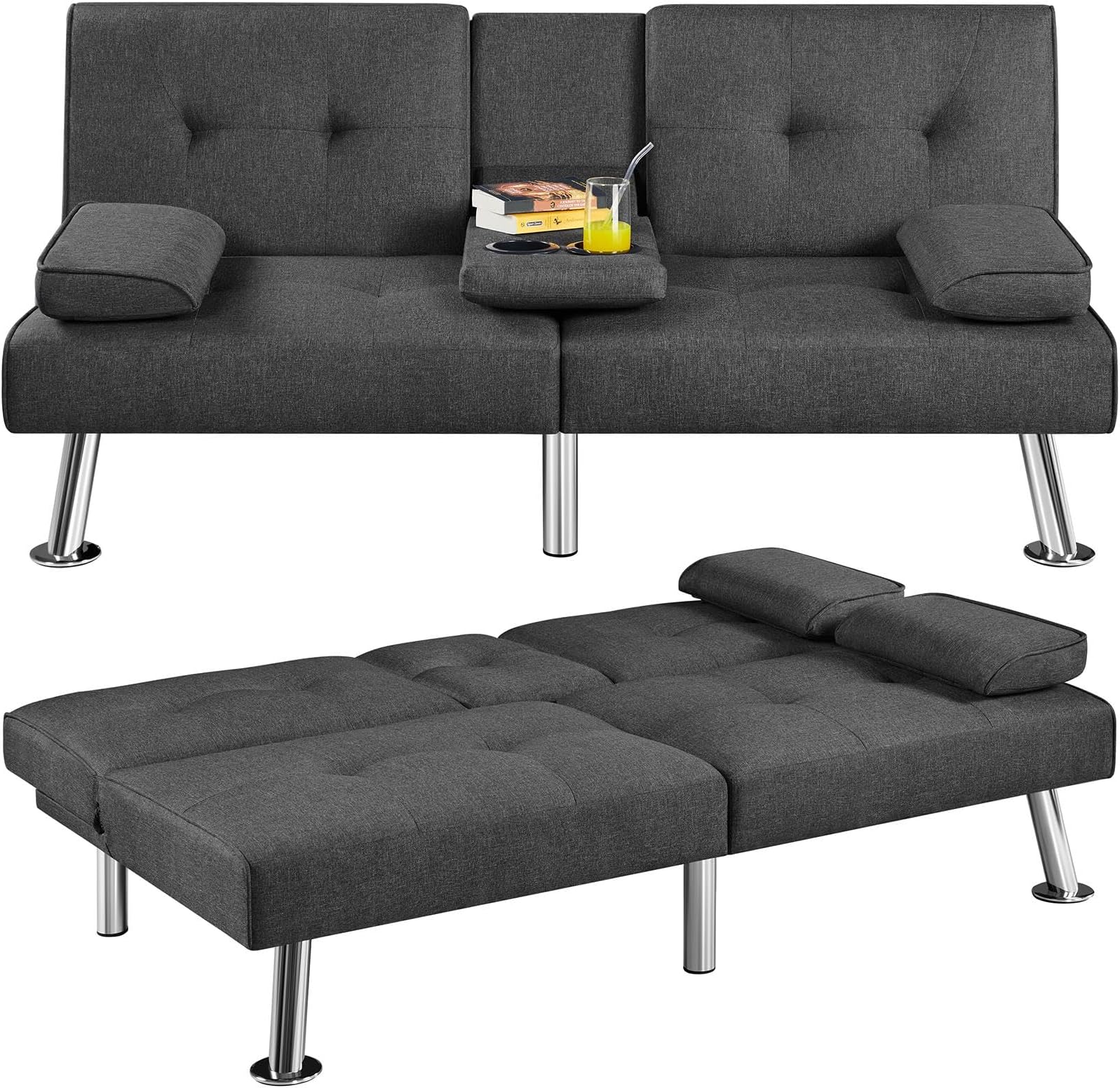 YaheetechConvertible Sofa Bed Adjustable Fabric Couch Sleeper Modern Recliner Reversible Loveseat Folding Daybed Guest Bed, Removable Armrests, Cup Holders, 3 Angles, 772lb Capacity, Dark Gray