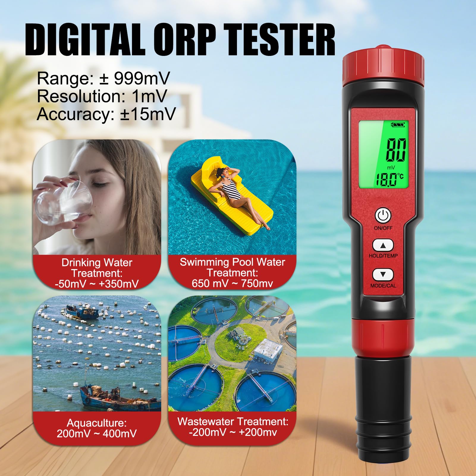 pH Chlore Mètre Piscine 7-en-1, Testeur PH Chlore Salinité ORP TDS EC Température, Tester Qualité Eau de haute précision avec fonction ATC pour piscines, eau potable, aquarium, hydroponie