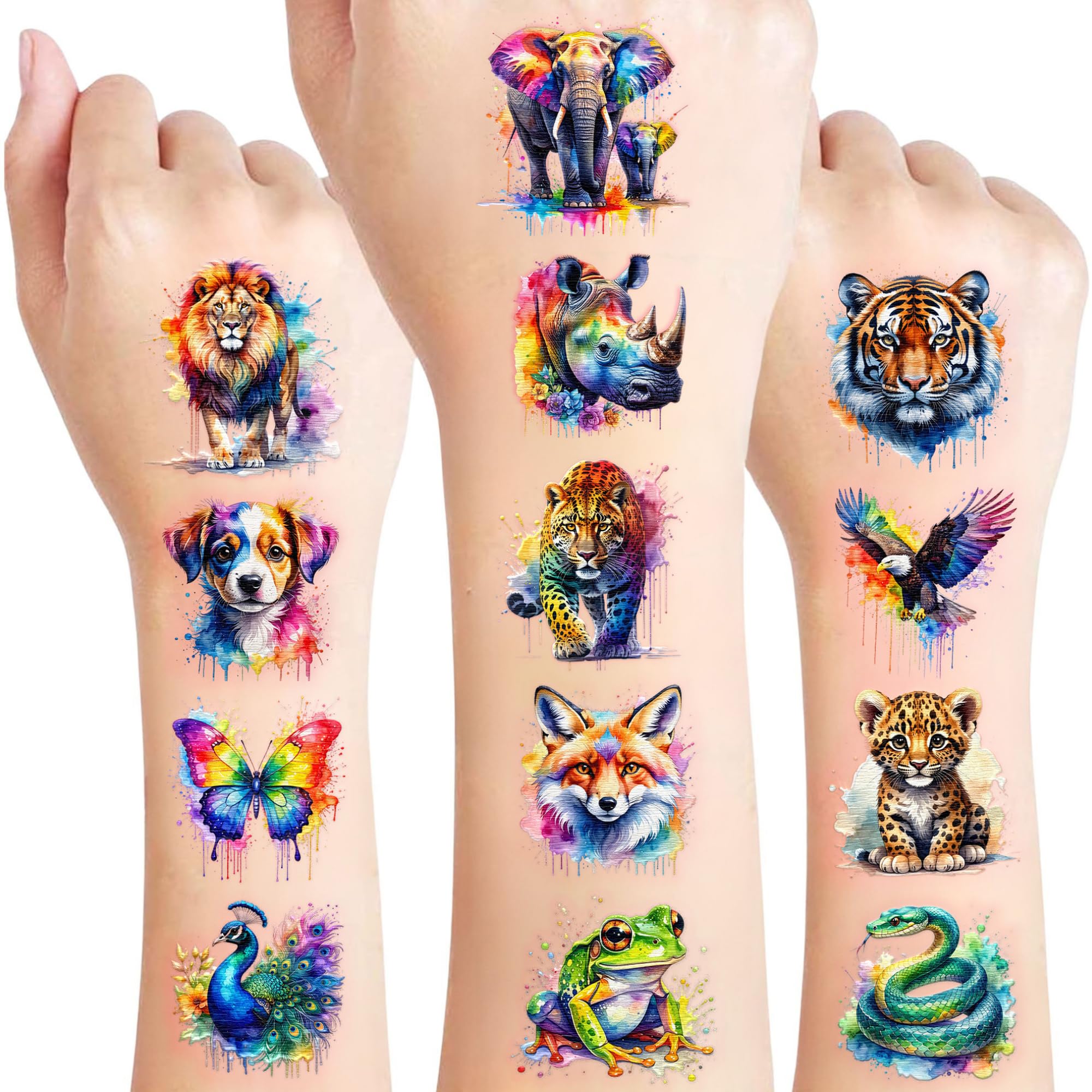 96 PCS Watercolor Wild Animal Temporary Tattoos For Kids, Party Favors Watercolor Animal