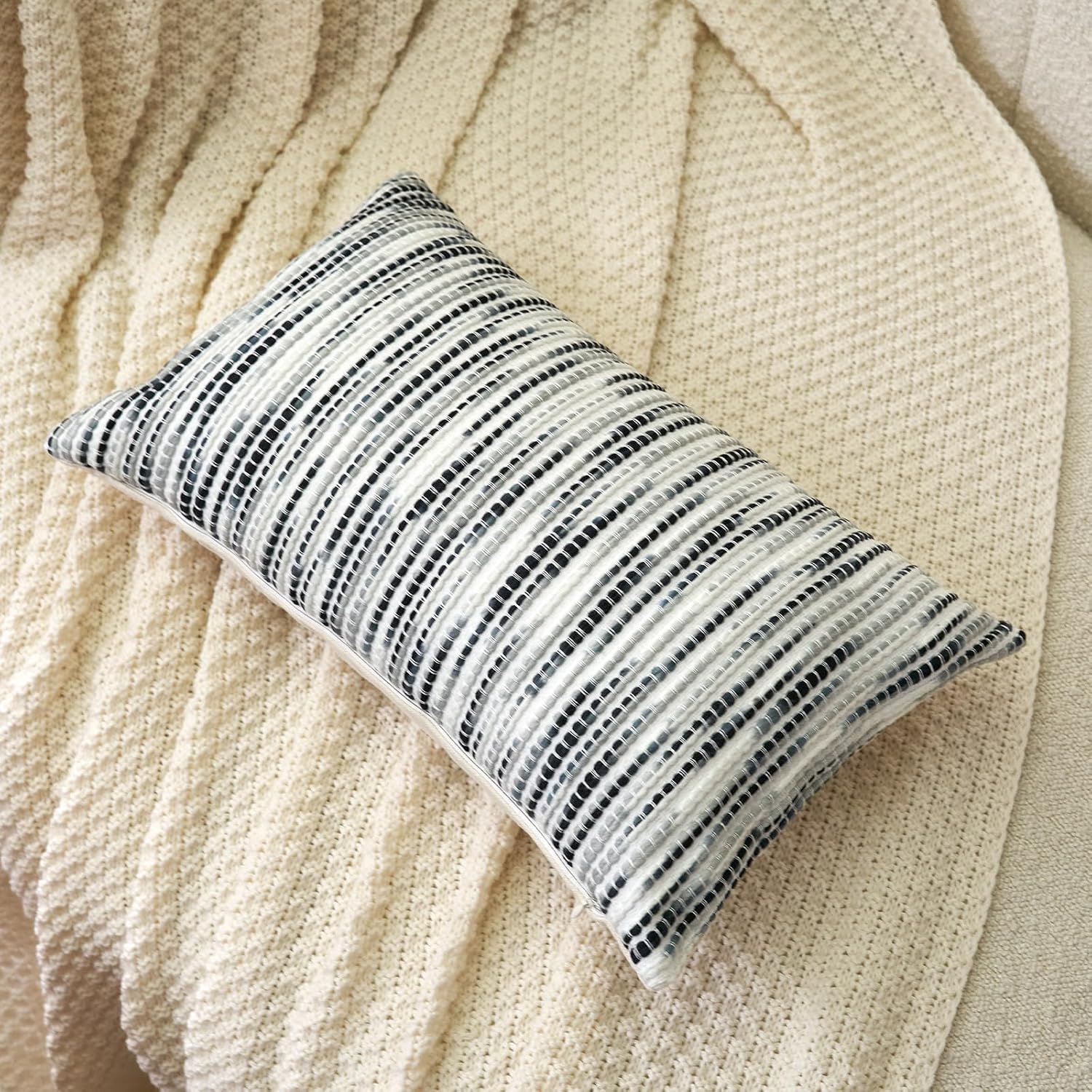 Aeckself Boho Striped Pillow Cover 12x20, Rectangle Decorative Lumbar Throw Pillow Cover Chenille Neutral Pillowcase for Couch Bedroom Living Room, Black Gray - Image 3