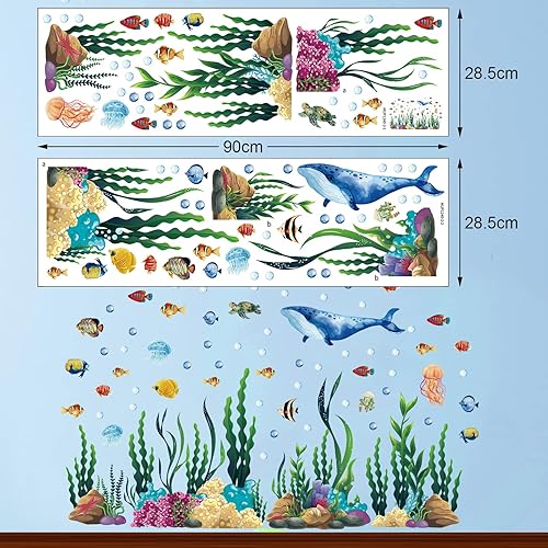 Miniatura 2 de 300 calcomanías de pared bajo el mar, 2 hojas de calcomanías de pared de océano, grandes arrecifes de coral y algas marinas, calcomanías de vinilo