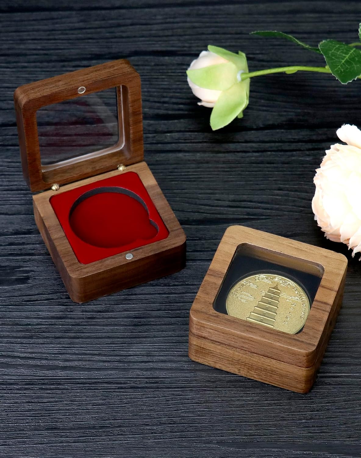 QWORK Elegant Walnut Color Wood Challenge Coin Display Case with Acrylic Top - Versatile Coin Showcase for 1.5-1.75 Inch Military & Collectible Coins, Jewelry and Awards, 2 Pack (Red + Black)