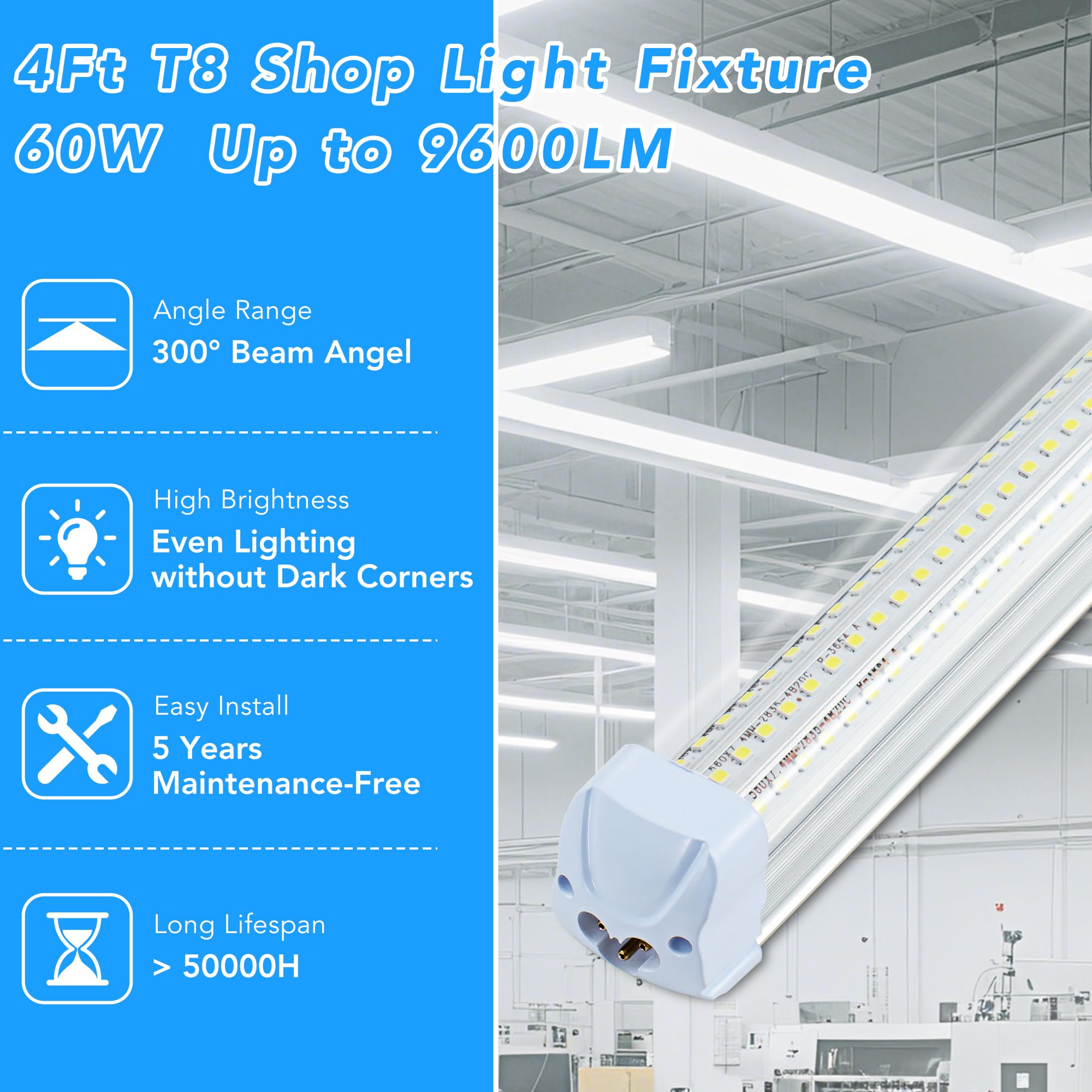 T8 LED Shop Lights 4 Pack Garage Light 4FT 60W 9600LM 6500K Work Lights Ceiling LED Linkable Lighting — view 2