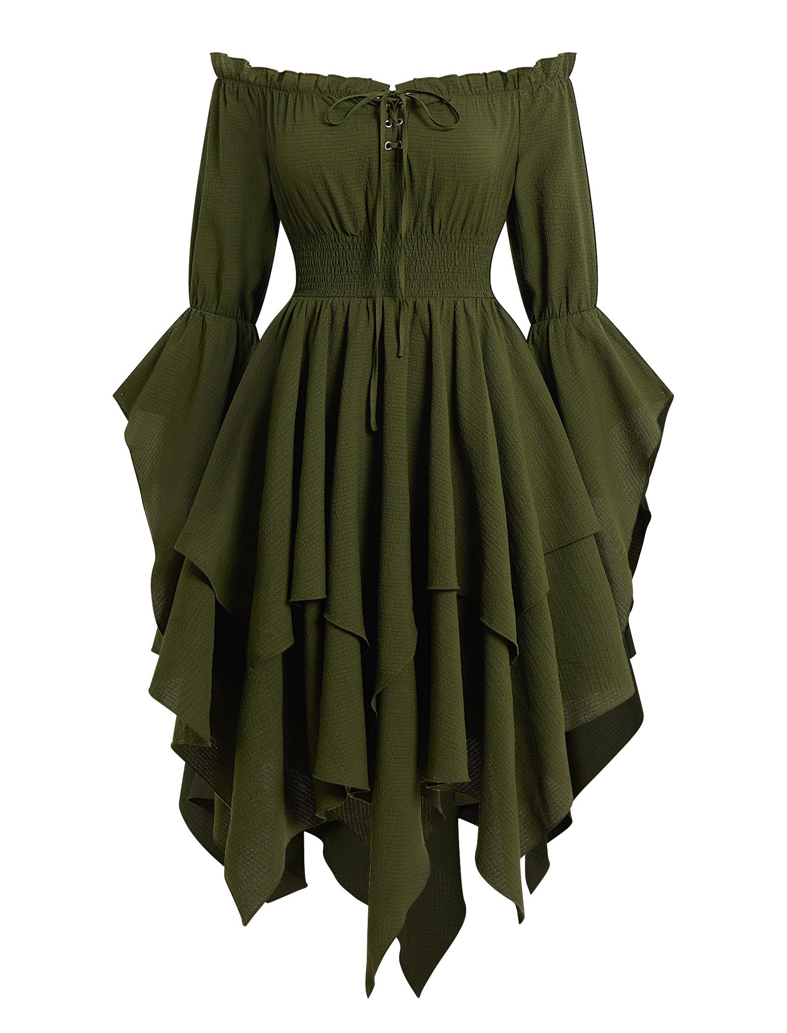 EFOGEP Womens Medieval Renaissance Dress Long Bell Sleeve Off Shoulder Asymmetry Hem Vintage Victorian Gothic Dresses for Costume Parties Festival Casual Green XL