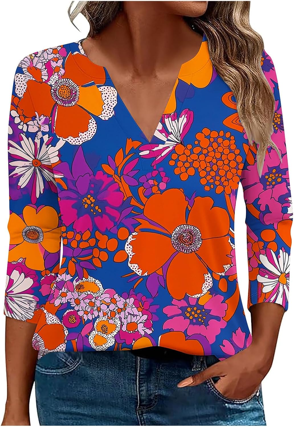 Womens Tshirts Floral Graphic Loose Fit Tee Tops for Women 3/4 Sleeve V Neck Summer Fall Tee Shirt 2026