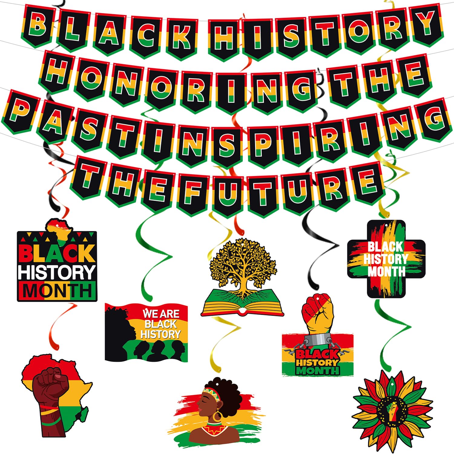 Black History Month Decorations, Black History Honoring The Past Inspiring The Future Banner, African American Inspirational Hanging Swirls, Black