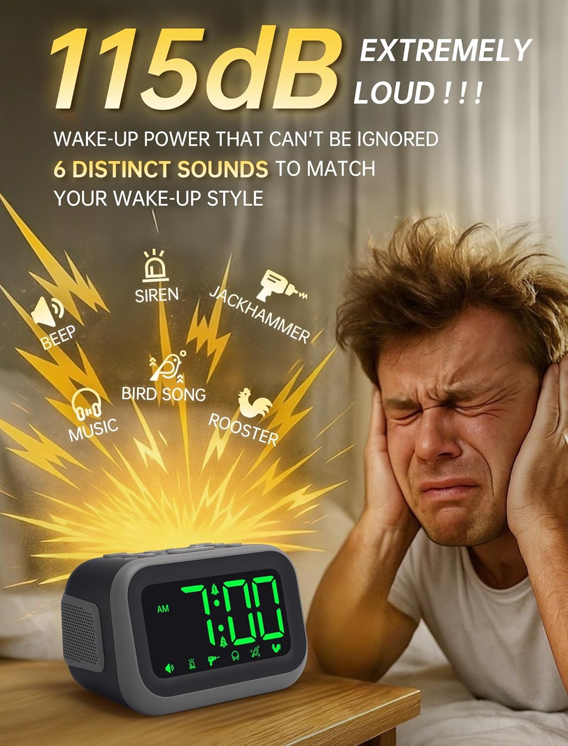 Acedeck Super Loud Alarm Clock for Heavy Sleepers: 115dB Dual Alarms and 6 Alarm Sounds for Bedroom - Large Numbers 5 Dimmers for All Ages Green Digits