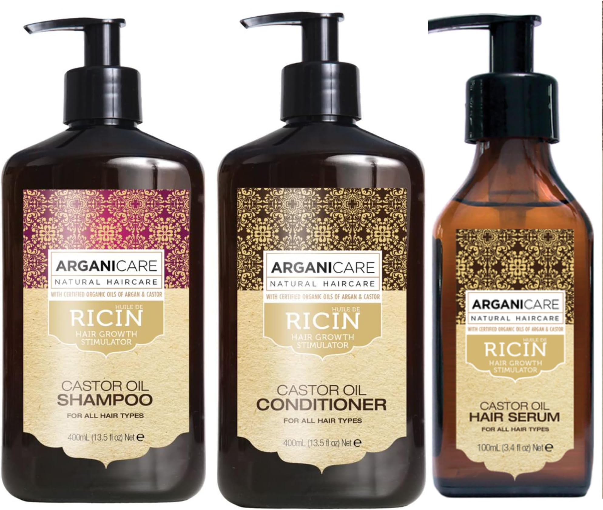 ARGANICARE | Shampoo 400 ML + Conditioner 400 ML + Castor Serum 100 ML | Growth Accelerator | Soothes the scalp | Nourishes and Strengthens the Scalp | Strong and Shiny Hair