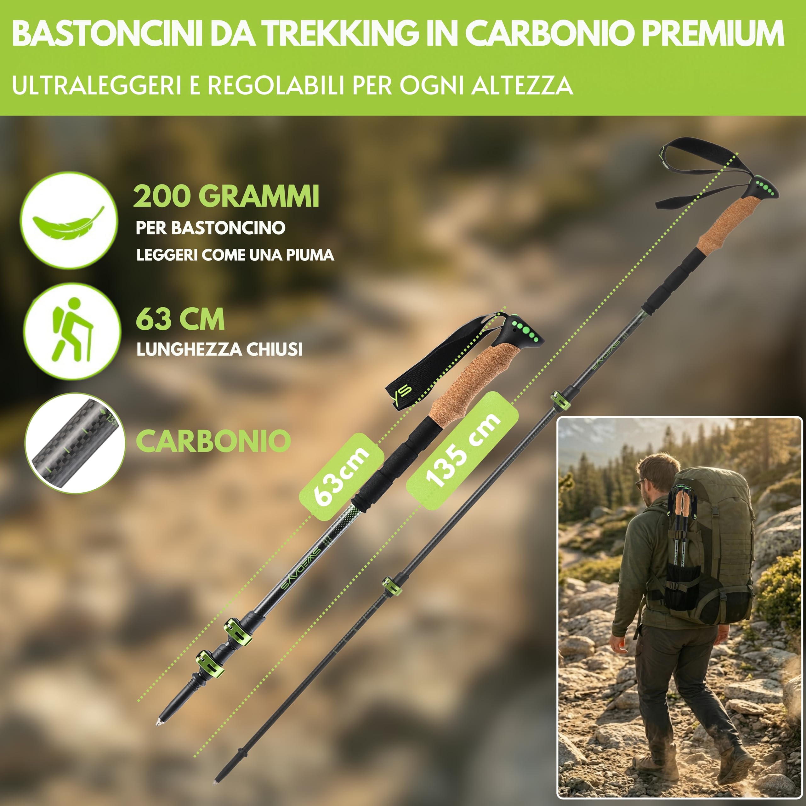 Bastoncini da trekking telescopico (Carbonio Nero) | Bastoni Nordic Walking, Manico in Sughero Ergonomico, leggero, facile da regolare 63-135 cm per per Donna e Uomo