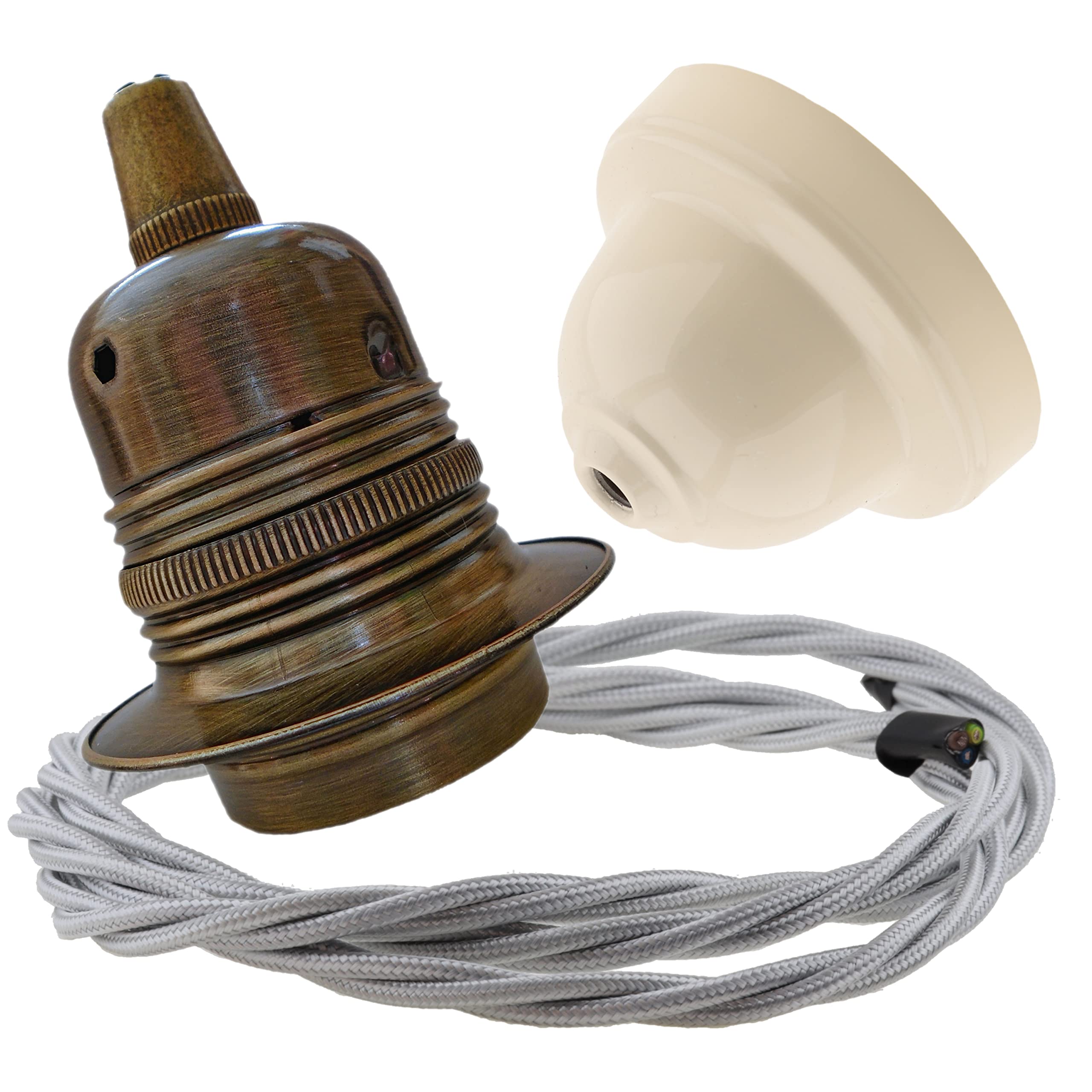Repaireum Ltd. Pendant Kit with Ivory Bakelite Ceiling Cup E27 Antique Brass Lampholder and Silver Flex
