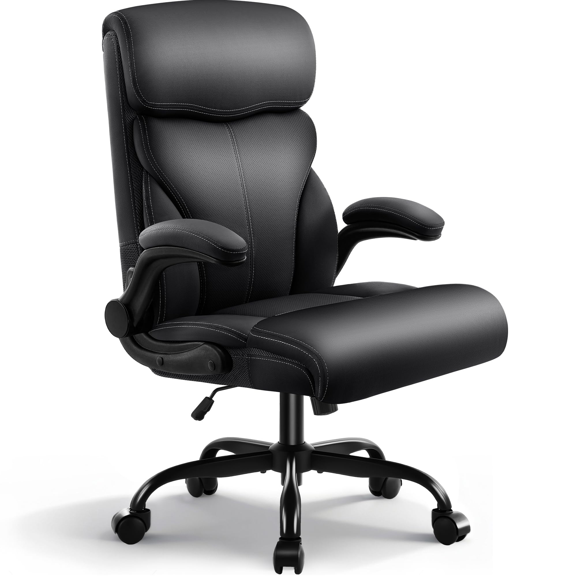 Ergonomischer Chefsessel aus PU-Leder mit Armlehnen, Schwarz | belastbar bis 180 kg , Hohe stabile Rückenlehne, höhenverstellbarer Drehstuhl mit Rollen, optimal für Büro & Homeoffice