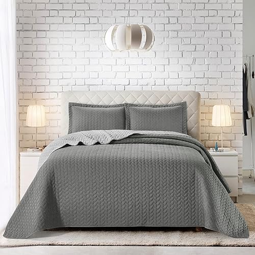 Miniatura 3 de BYSURE Juego de ropa de cama para todas las estaciones (Queen, blanco), colcha de microfibra con patrón trenzado, colcha ligera con 2 fundas de