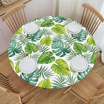 Elastic Edged Round Fitted Green Tropical Palm Leaves Table Cloth Cover for Indoor Outdoor Kitchen Party, Waterproof Wipeable Tablecloth for 45"- 50" Tables,Medium