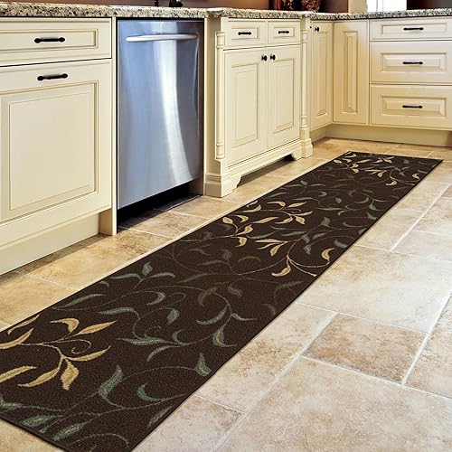 Miniatura 9 de Ottomanson Ottohome Collection - Alfombra antideslizante de goma con diseño floral de hojas de 5 x 7 pulgadas, 5 x 6 pies 6 pulgadas, beige