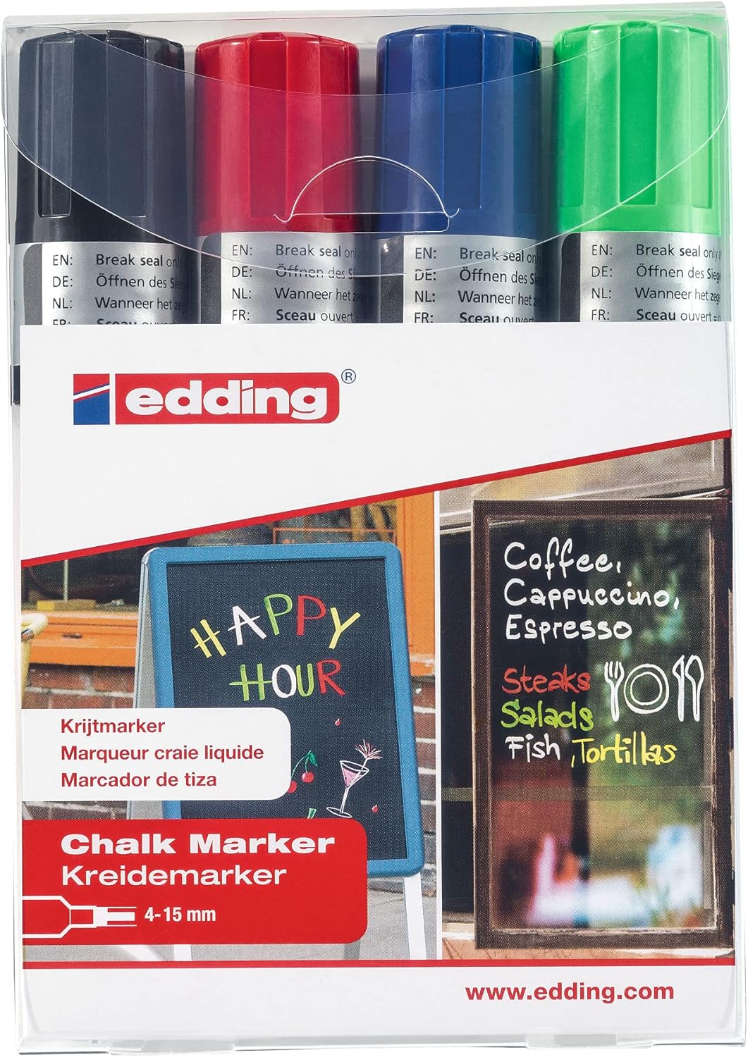 edding 4090 chalk marker pen set - black, red, blue, green - 4 chalk pens - chisel tip 4-15 mm - drywipe pen for chalkboards,windows,glass,mirrors - liquid chalk marker pens for opaque coverage