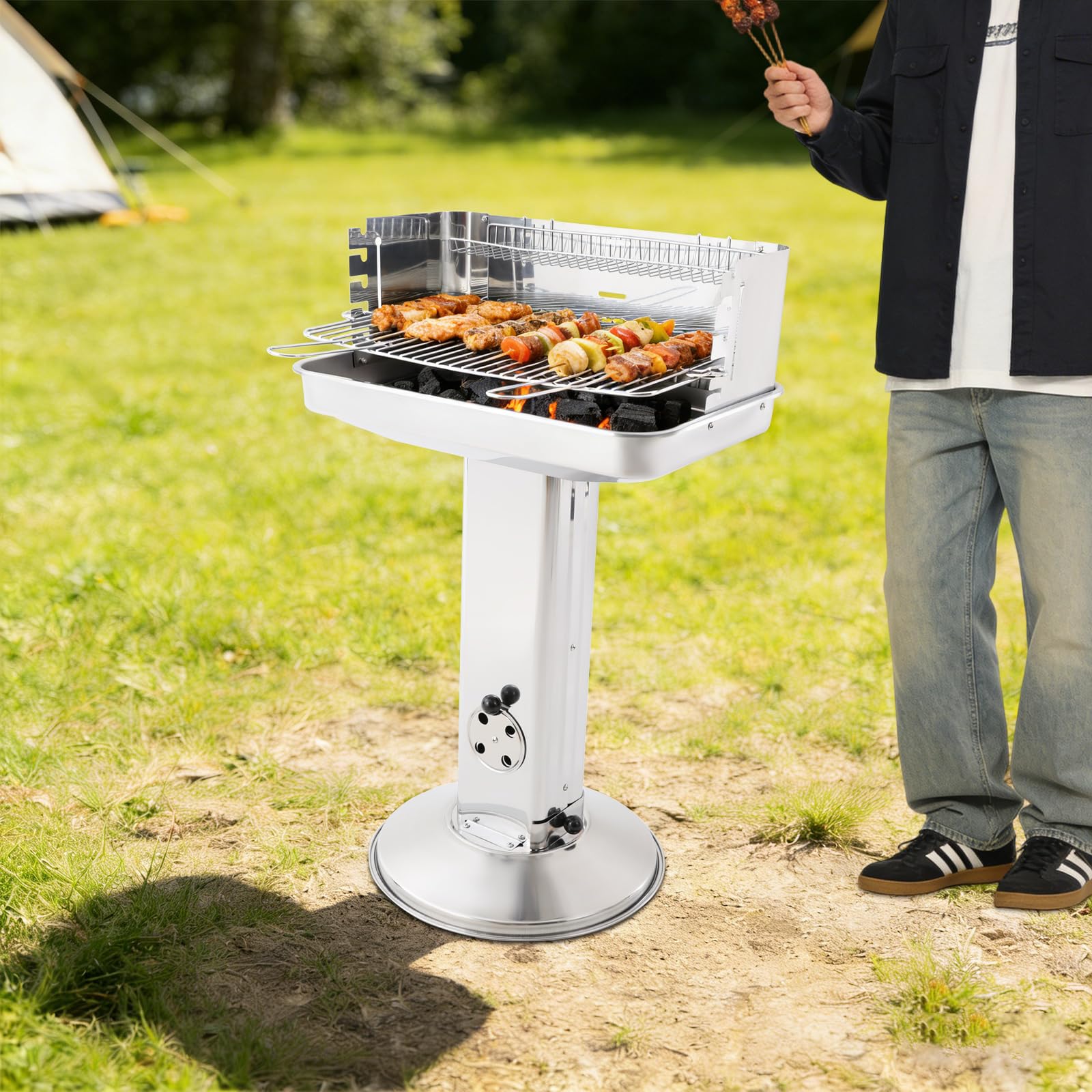 Grill na węgiel drzewny, stal nierdzewna, grill kolumnowy o wysokości 90 cm, grill stojący z koszem do przechowywania, grill na węgiel drzewny do grillowania na kempingu, na targu i