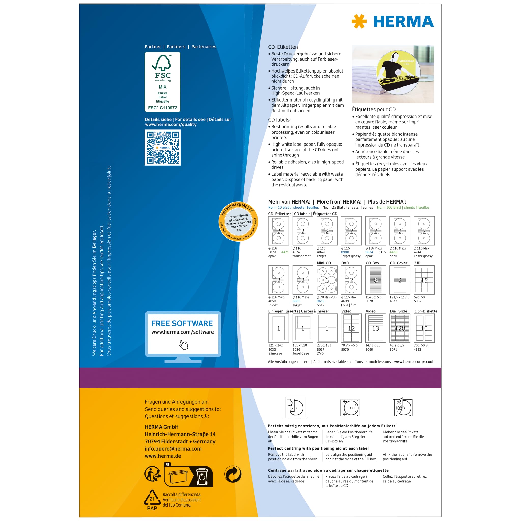 HERMA 4460 etykiet na płyty CD wraz z wkładką do pozycjonowania A4, nieprzejrzysty, zestaw 14 (Ø 116 mm MAXI, 1400 arkuszy, papier, matowa), 2800 naklejek, białe