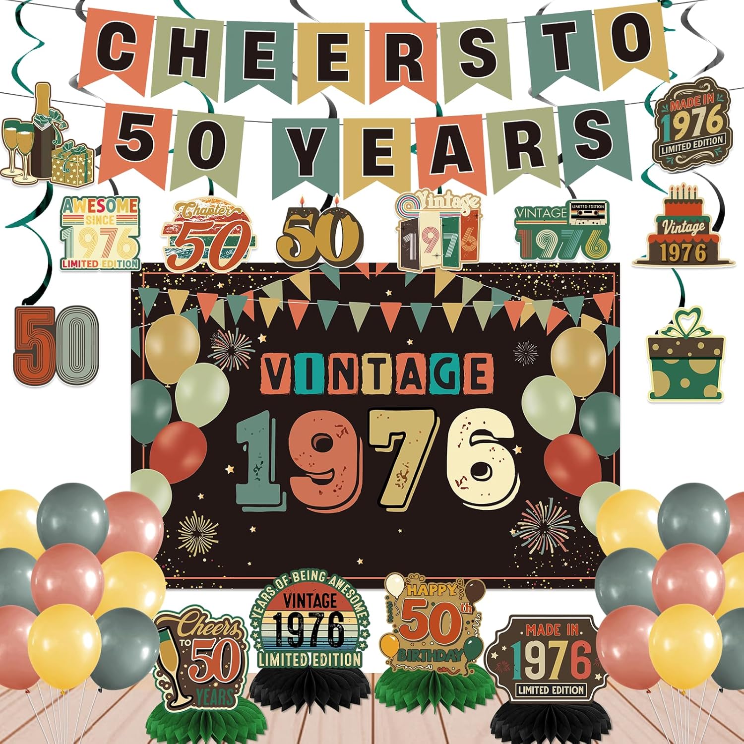 Vintage 1976 Birthday Decorations 50th Birthday Decorations Over The Hill 50th Birthday Decorations with Vintage Cheers To 50 Years Banner Hanging Swirls Backdrop Honeycomb Centerpieces Balloons
