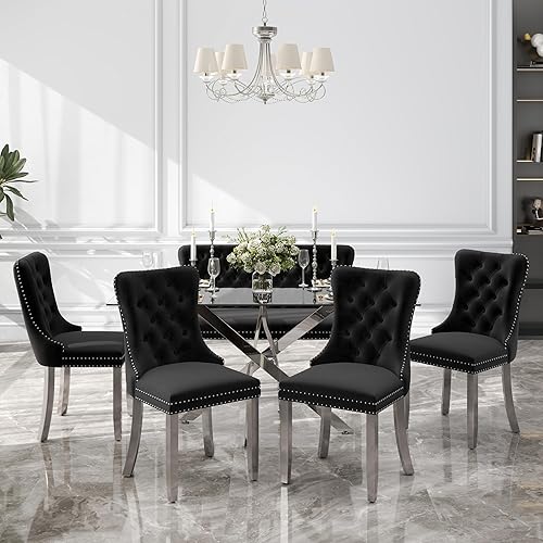 Miniatura 46 de Juego de comedor de cristal de lujo plateado de 5 piezas, juego de mesa de cocina minimalista moderno para 4 personas, juego de comedor con negro +