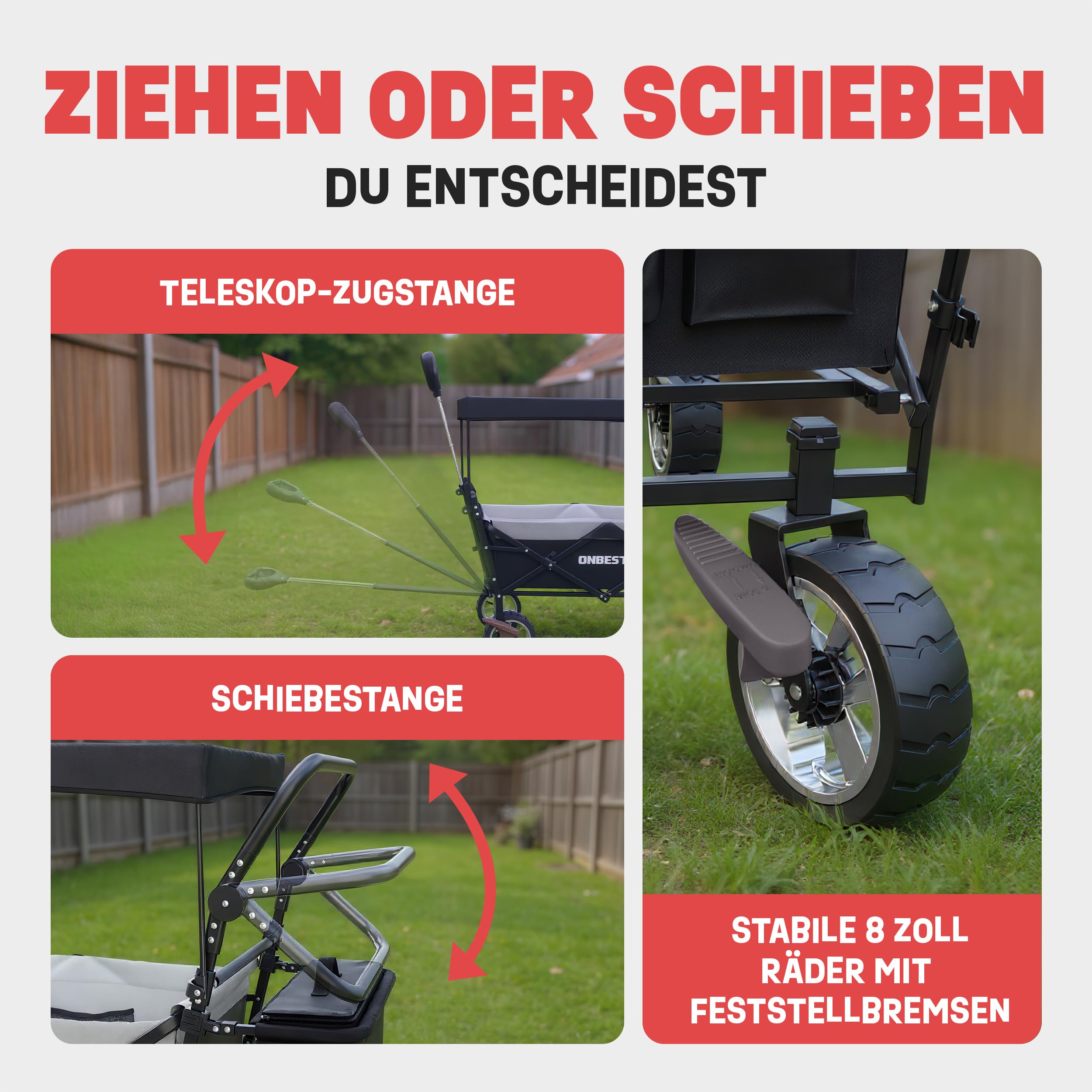 ONBEST Bollerwagen faltbar – Faltbollerwagen mit Dach, Schwarz | Klappbarer Strandbollerwagen mit Regenschutz, Sonnenschutz-Dach, Kühltasche & Becherhalter für Outdoor und Camping