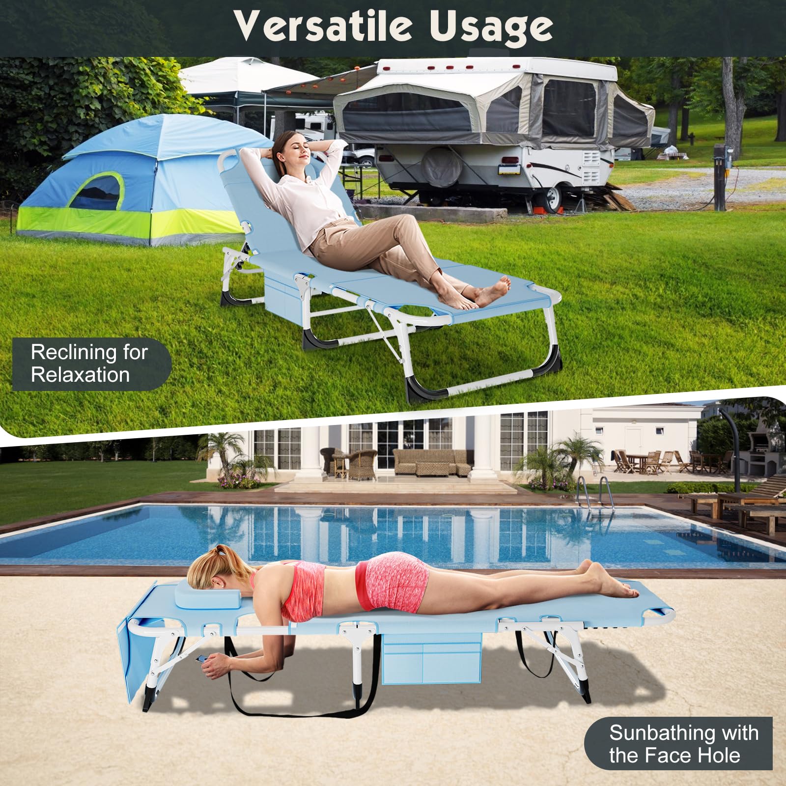 MOPHOTO Chaise longue pliante 5 positions, lit pliant, chaise longue robuste pour extérieur, piscine, plage, pelouse, camping