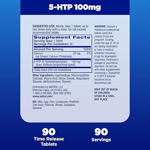 Miniatura 5 de Natrol 5-HTP 100 mg, suplemento dietético ayuda a apoyar un estado de ánimo equilibrado, el estado de ánimo y el estrés, 90 tabletas de liberación