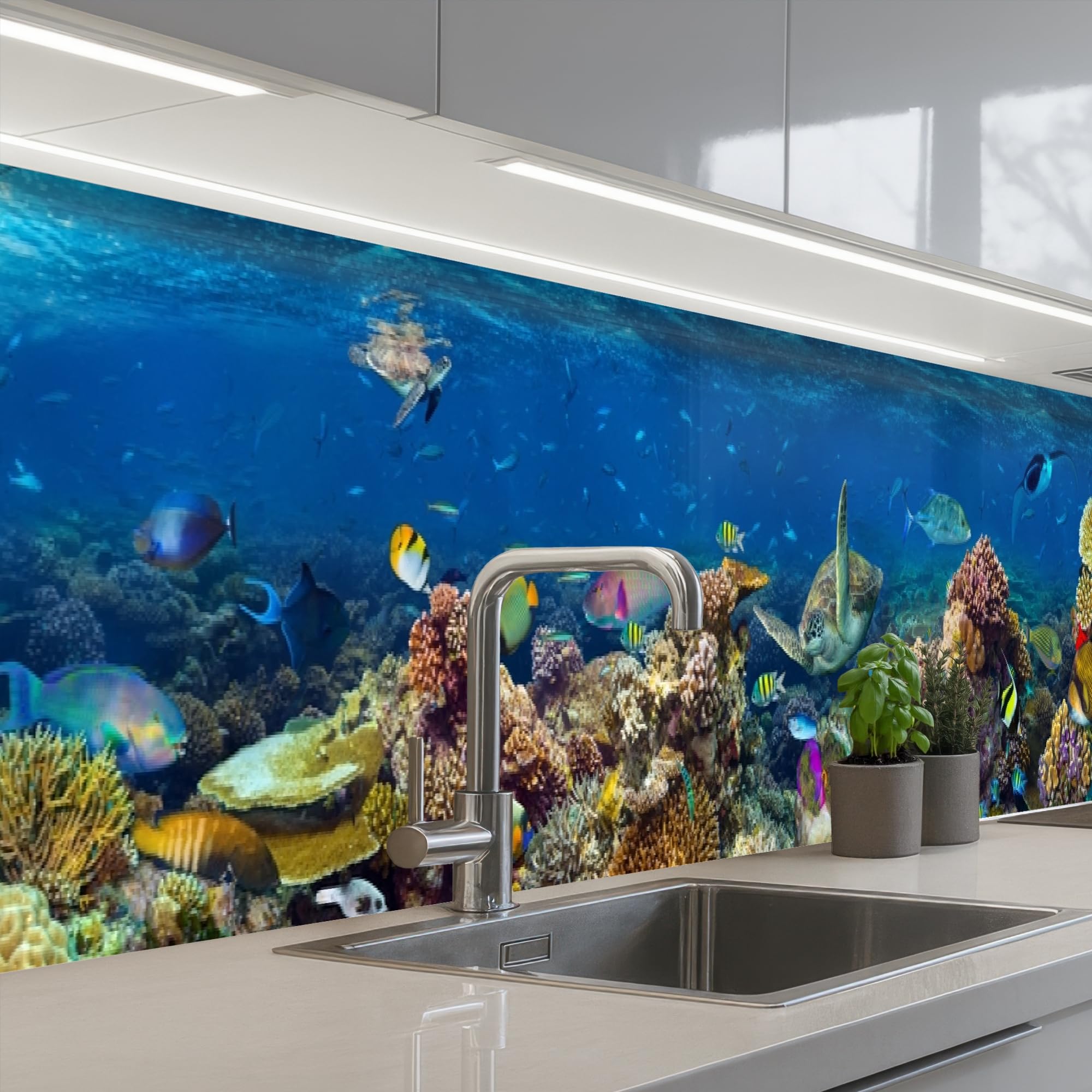 KitchenYeah© Splashback for kitchen 24"x138" / 60x350 cm self-adhesive Sink Splash Splatter Guard Splashbacks Walls Underwater landscape - Fish - Turtle - Blue