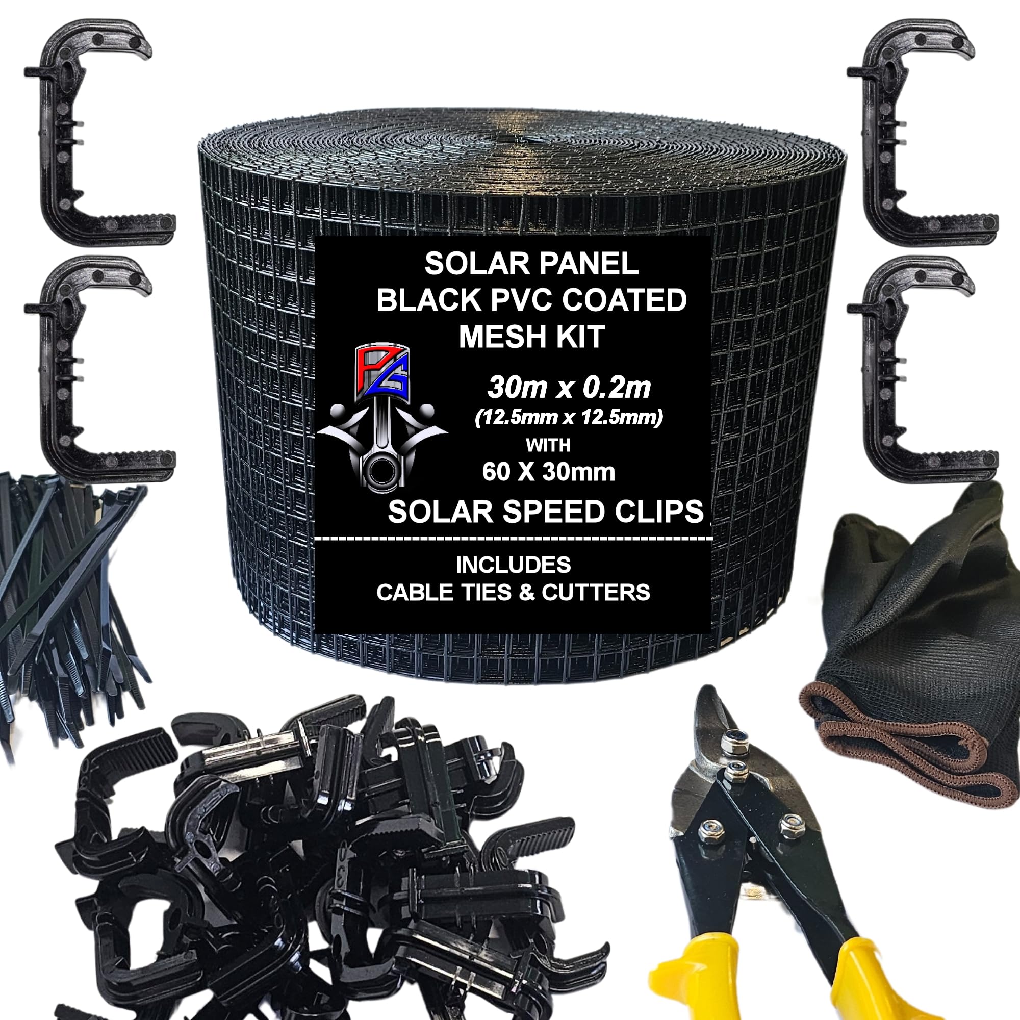 PG Bird Proofing Mesh Kit & 60 30mm SPEED Clips For Control & Prevention of Pigeons Nesting Under Roof Solar Panels Cable Ties Gloves Clippers (Black PVC 30m)