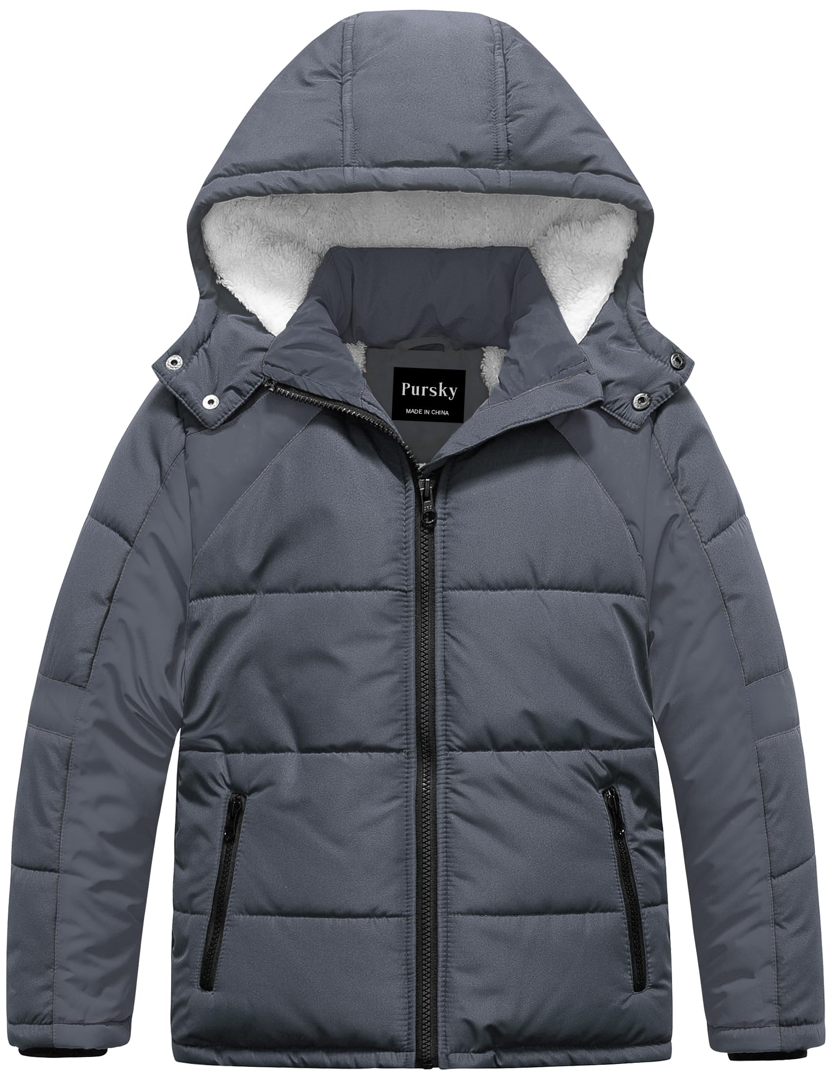 Pursky Boy's Warm Winter Coat Water Resistant Sherpa Outerwear Puffer Jackets With Removable Furry Hood