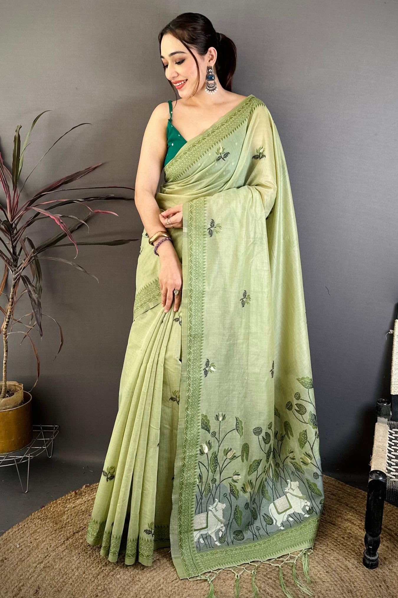 SGF11 Women's Cotton Linen Soft Silk Saree With Unstitched Blouse Piece