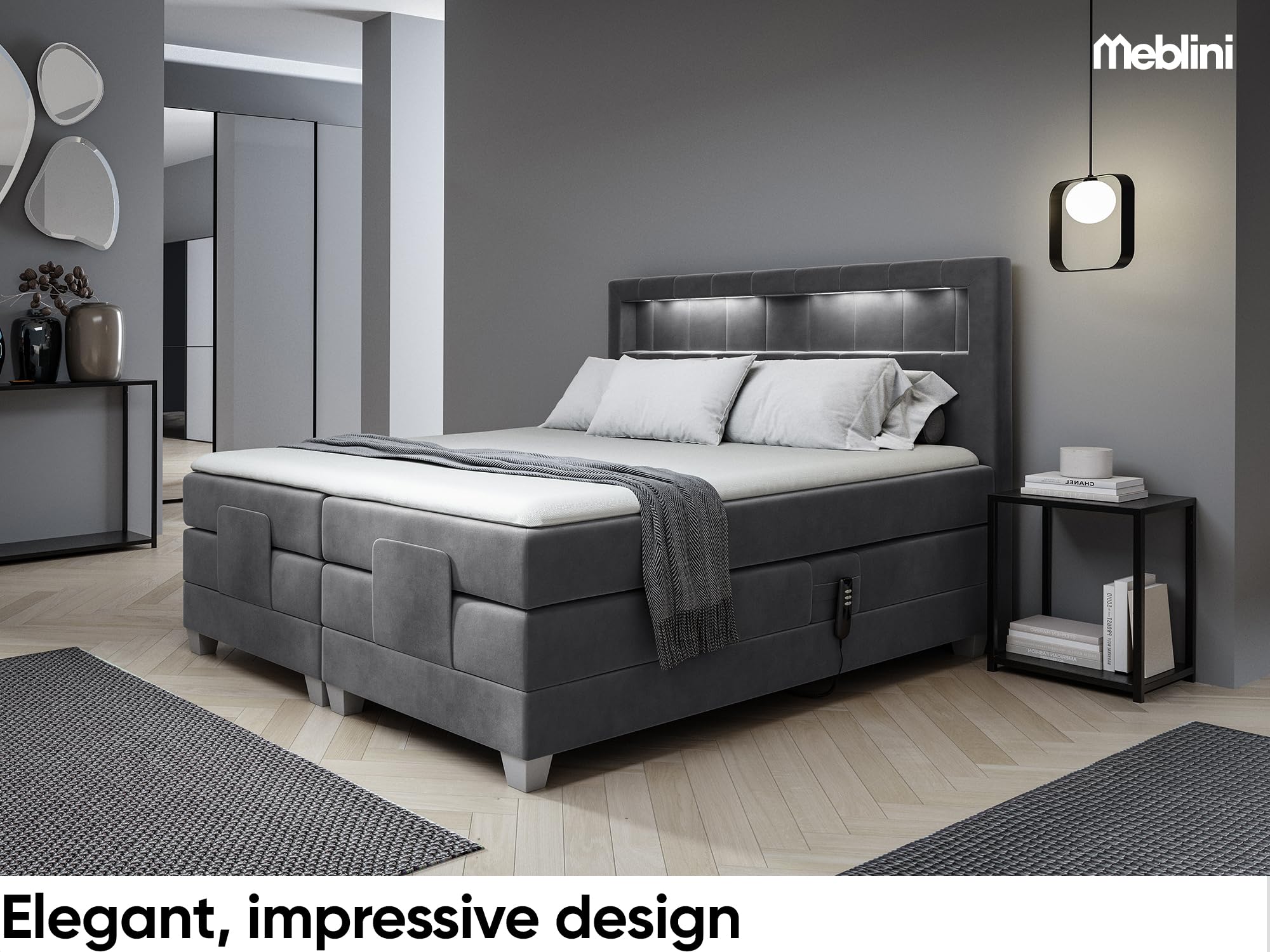 MEBLINI Boxspringbett Elektrisch Verstellbar mit LED - Gepolstert Doppelbett mit Matratzen und Toppers - Polsterbett - Bett mit Kopfteil - ASPERO - 180x200 - H3/Dunkelgrau Samt