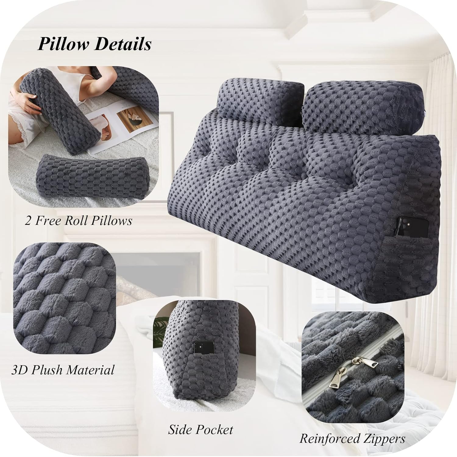 Wedge Headboard Pillows   2 Head Roll Pillow Bed Wedge Pillow for Headboard Large Bolster for Bed Rest Reading Pillows Backrest Pillows for Sitting in Bed Backrest Positioning Support