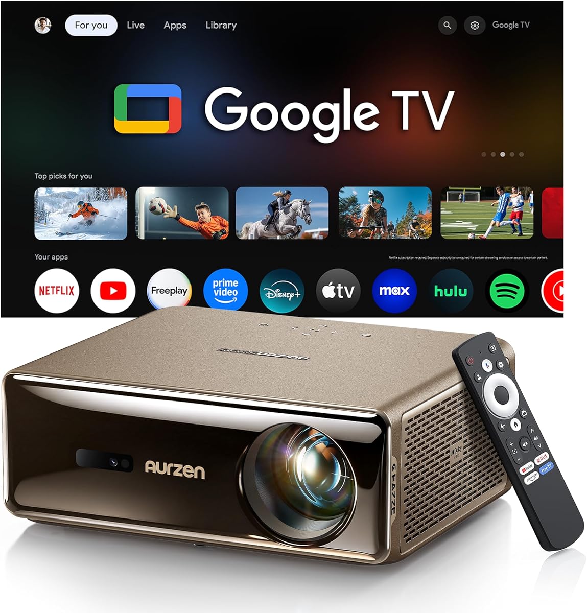 Aurzen EAZZE D1 MAX Christmas Google TV Smart Projector 4K Supported, Ultra-Bright 1000 ANSI Lumens, MEMC Tech, Fully Automatics, 20W Dolby Audio, Home Theater Movie Projector with WiFi and Bluetooth
